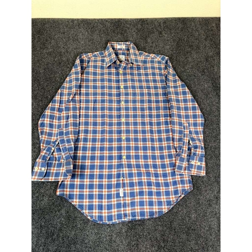 Peter Millar Men's Plaid Orange Blue Cotton Long Sleeve Button-Down Shirt Small